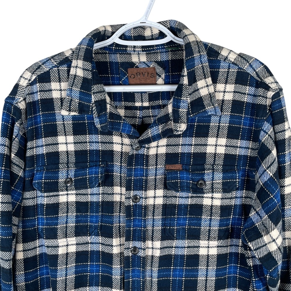 Orvis Flannel Shacket Shirt Jacket Shirt Mens XL Blue Plaid Button Up Heavy